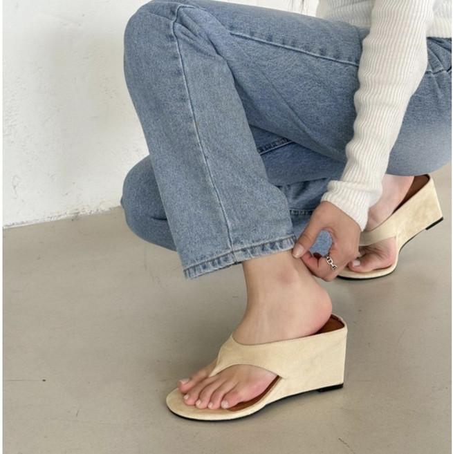 스웨이드 심플 베이직 쪼리 웨지 뮬 슬리퍼 샌들힐