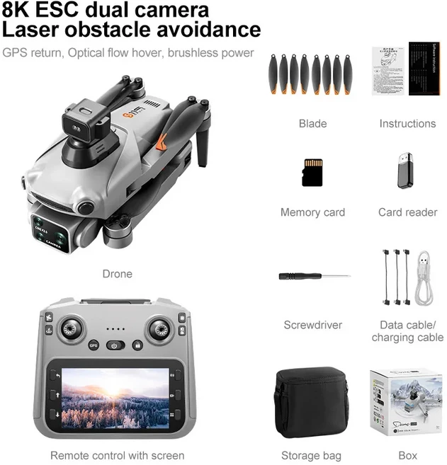 NEW S119 드론 8K 카메라 짐벌 스크린 리모컨 GPS 릴레이 디지털 매핑 Wifi FPV 셀카 비디오 브러시리스 RC, 02 With evasion, 1개