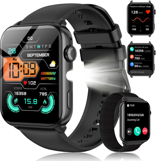 IOWODO R30MAX 스마트워치 1.91인치 HD 곡면 디스플레이 메시지 알림 수면 추적 100가지 이상 운동 모드 LED 손전등 IP68 방수 통화가능 스마트워치, 검은색, 3.7cm, 블루투스