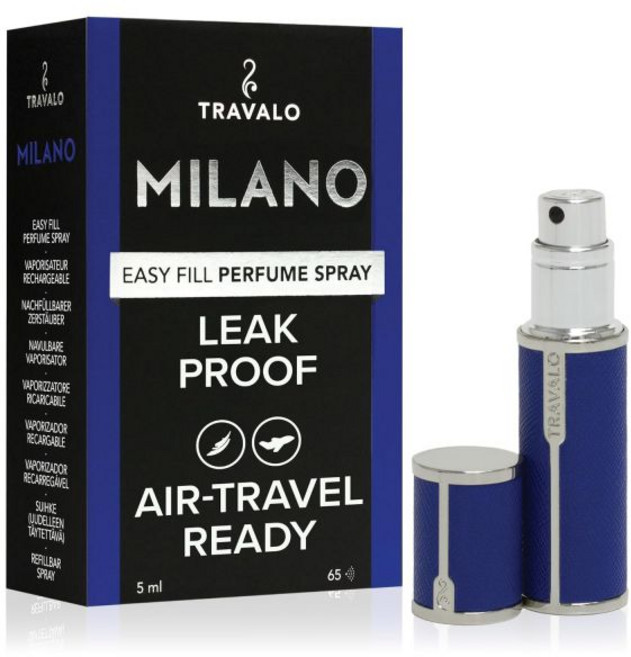트라발로 밀라노 향수 아토마이저 - 누수 방지 및 항공 여행용 TSA 승인 재사용 가능 밀폐 이지 필 미니 펌프 스프레이어 광택 금속 외피가 있는 경량 비건 가죽 파란색