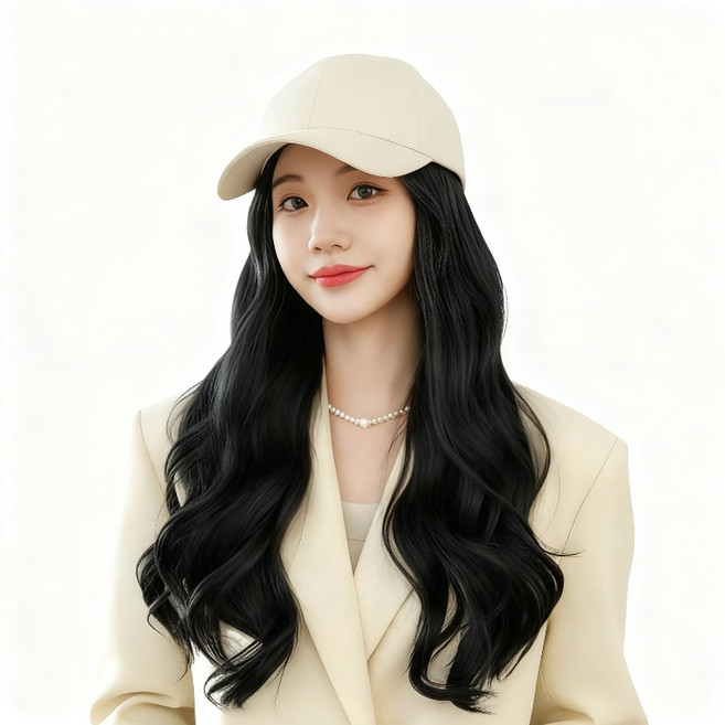 상덕 모자 전체가발 + 가발망 요즘유행 여성통가발, 1개, 베이지색 모자, 검은색 곱슬머리