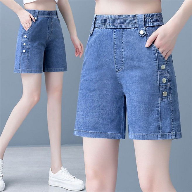 besteffie 여성용 여름 캐주얼 핫팬츠 하이웨이스트 청바지 반바지 버튼 장식 4부청반바지 K51