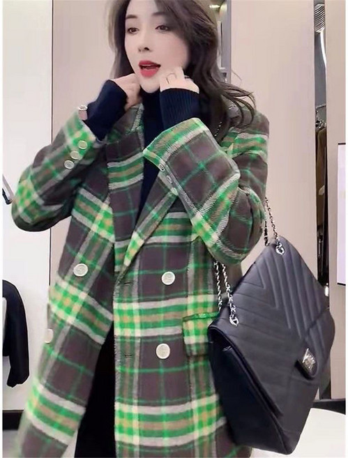 해피유통 여성 가을 겨울 체크 패턴 슬림핏 울 블레이저 캐주얼 정장 스타일 lmy