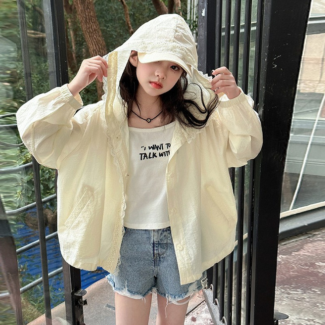 메이징키즈 여아용 여름 자외선차단 쿨링 레이스 단추 바람막이