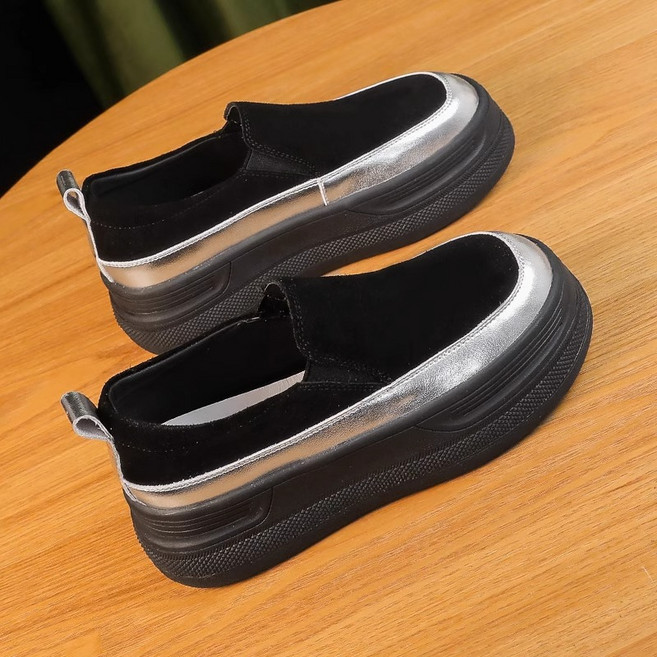 SAHINER 여성 슬립온 통굽 스웨이드 메탈릭 캐주얼 데일리 봄가을 신발 ANX14