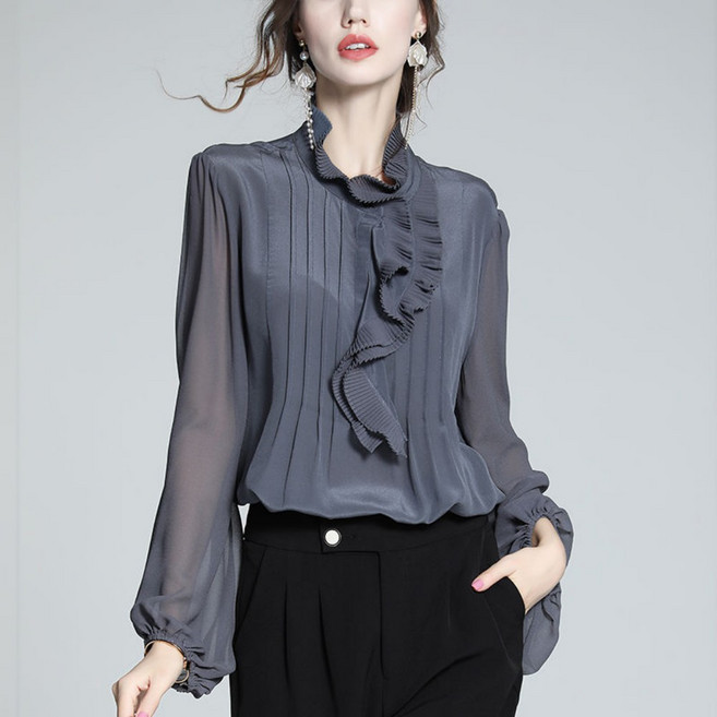 Vezri 여성용 봄 가을 쉬폰 블라우스 세련한 디자인 우아한 플리츠 오피스룩 트랜디 SKZ