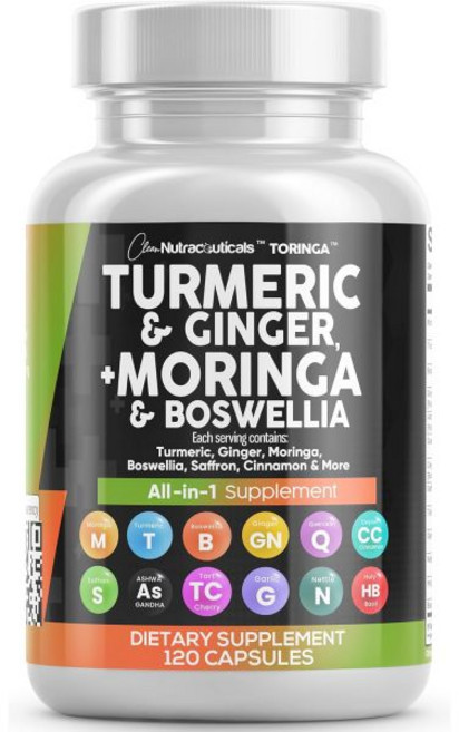Clean Nutraceuticals 클린 뉴트라슈티컬스 강황 모링가 보충제 생강 보스웰리아 사프란 - 시얼론 시나몬 타트 체리 퀘르세틴 마늘 쐐기풀 홀리 바질 함유 여성 및, 1, 1개, 120정
