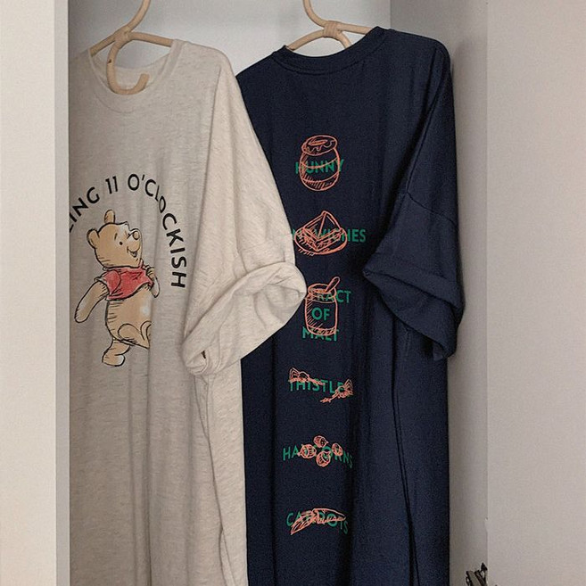 뽀솜 [자체제작 정품] 런치 곰돌이푸 오버핏 롱원피스 빅사이즈 디즈니잠옷 홈웨어 2color