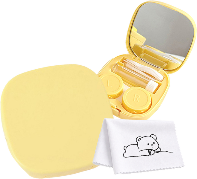 로앤제이 휴대용 렌즈케이스 세트 집게 거울 흡착봉 렌즈통 여행용, 1개, 옐로우