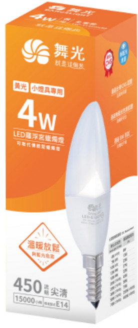 舞光 羅浮宮蠟燭燈泡 E14 LED 4W 尖清燈泡, 1個, 3000K．黃光