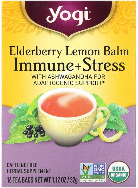 Yogi Tea Immune + 스트레스 엘더베리 레몬밤 카페인 무함유 티백 16개 32g(1.12oz) Tea (요기티), Yogi Tea Immune 스트레스 엘더베리 레몬밤, 2g, 1개 - 쿠팡