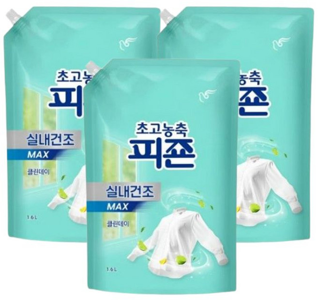 피죤 초고농축 실내건조 섬유유연제 MAX 클린데이, 1.6L, 3개