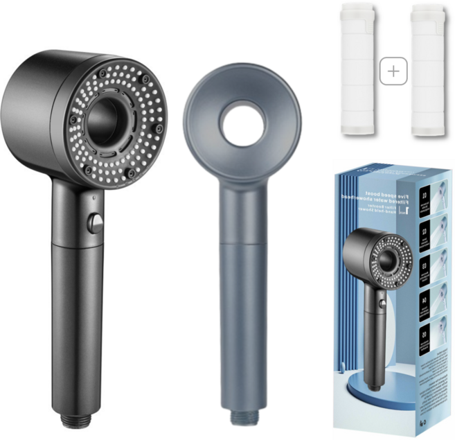 브이럽스 수압상승 5단 온오프 필터 샤워기 헤드, 블랙 (필터기 1+1), 1개