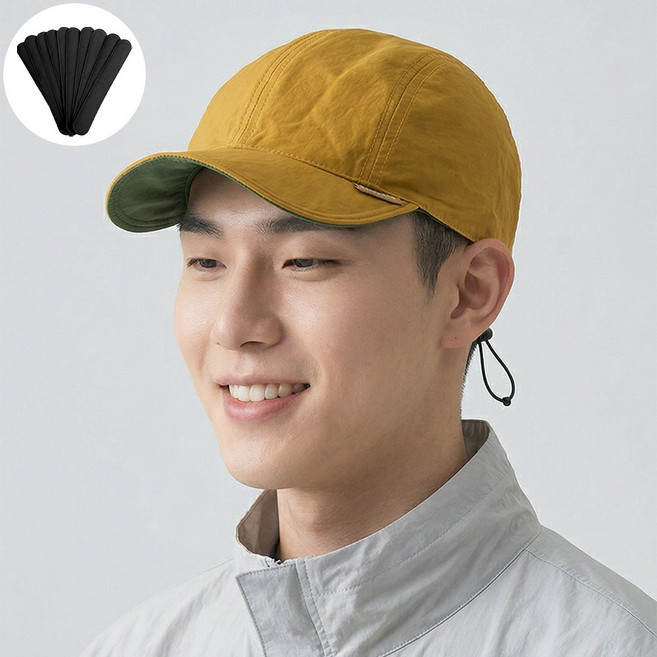 BELLEAURA 남여공용 기능성 투톤 리버서블 경량 숏캡 아웃도어 캠핑 등산 숏캡 (모자 오염방지패드 지급), 카키x머스타드