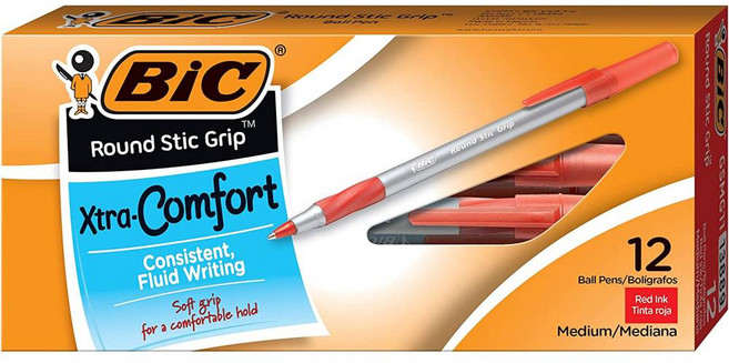 BIC 빅 라운드 스틱 그립 Xtra 컴포트 볼펜 1.2mm 레드 12개입, 상세설명참조, 1개