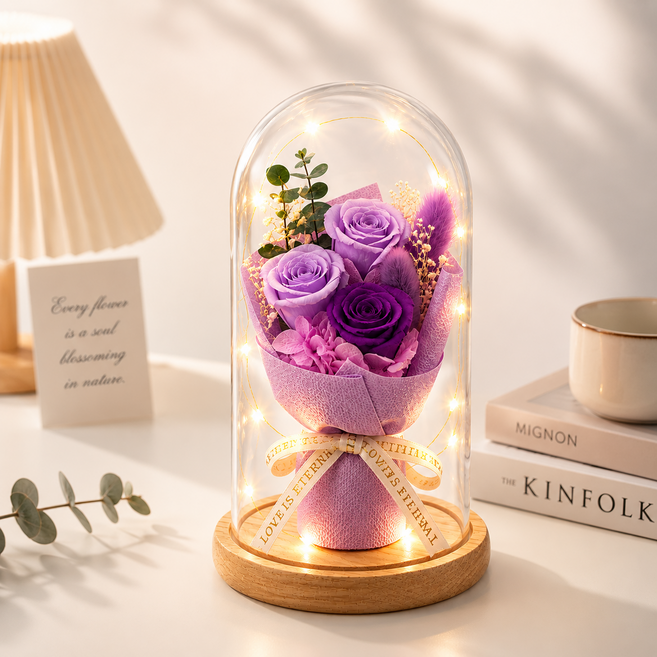 고급스러운 생화 프리저브드 장미 꽃다발 유리돔 무드등 LED 선물 건전지 포함, 퍼플 판타지