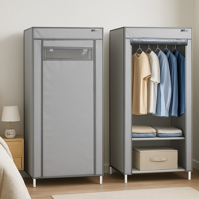 비키니옷장 시스템 커튼 행거 조립식 틈새 간이 옷장 이동식 2단 옷걸이, 뷰키니옷장 800 싱글