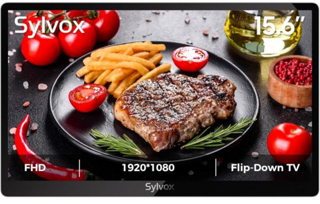 SYLVOX 15.6인치 캐비닛 아래 접이식 TV 90도 회전 디지털 노이즈 감소 주방 침실 RV 요트에 적합한 수납 디자인의 12볼트 소형 TV