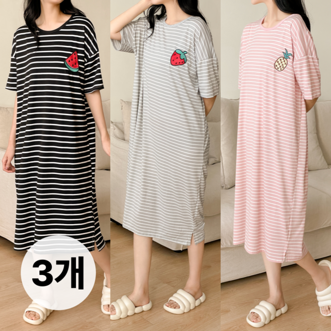 IAWI 스트라이프 과일 원피스 잠옷 오버핏 44-99 빅사이즈 파자마 [3개세트]