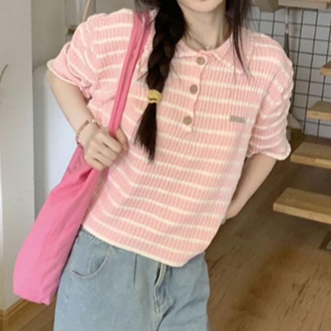 여자 핑크색 반팔카라티 여름 스트라이프 20대 기본티셔츠 롱티 오버핏 라운드티셔츠