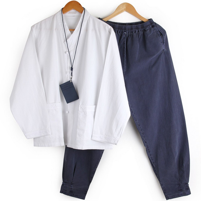 봄 가을 면100% 국내제작 남자 생활한복 V넥 흰색 저고리 바지 세트 공용 캐주얼 커플 개량한복