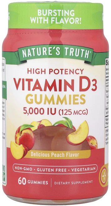 건강챙기세요 Nature's Truth 비타민D3 고효능 천연 복숭아 125mcg(5000IU) 식물성 구미젤리 60개 백살까지오래오래, NaturesTruth비타민D3고효능천연복숭아125mc, 1개, 60정 - 쿠팡