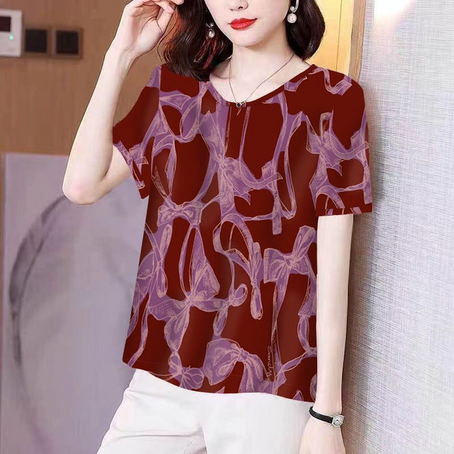 VVRR 여성 캐주얼 패셔너블 중년 맘 플러스 사이즈 반팔 티셔츠 Z0032516