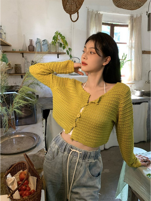 鏤空針織薄罩衫 夏季短版外搭上衣, 芥黃色,M