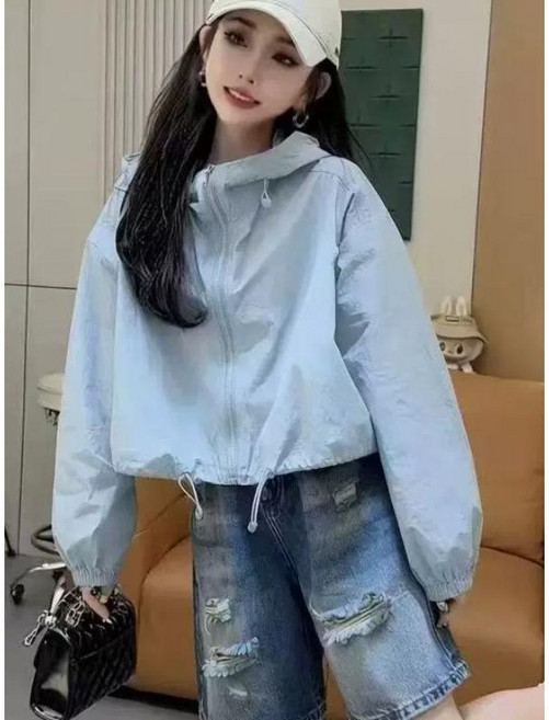 夏季連帽拉鍊外套女短款防曬防紫外線薄外套, 淺藍色,M90-115