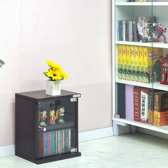 드림퍼니처 미니334 유리문 2단cd 장식장 미니514 2단dvd 진열장 피규어 다용도 수납장 틈새장 소품 정리함, 미니334 유리문가로30cm2단cd 월넛