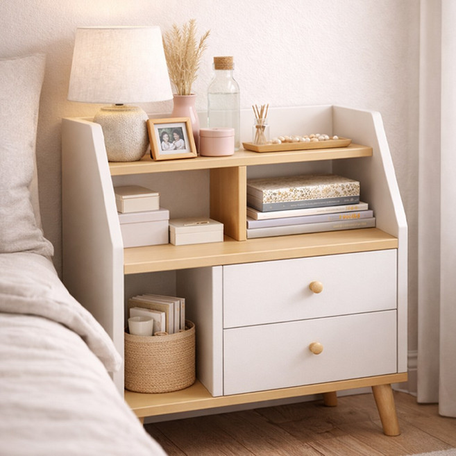 모아룸 침대 협탁 원목 서랍장 수납장 발통형 와이드, 1개, 우드화이트