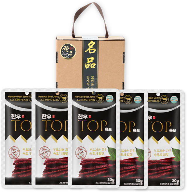 한우 명품 프리미엄 육포선물세트 육포명인 국산 소고기육포 간식 소풍 골프간식 나들이 간식 선물, 30g, 5개