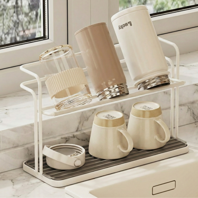 제나모라 스텐/화이트 논슬립 2단 컵 건조대 물빠짐 텀블러 거치대, 1개, 화이트