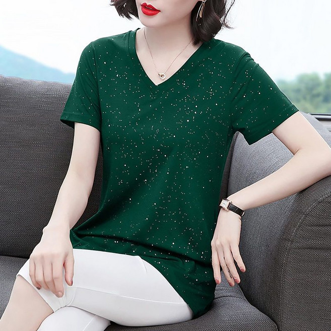 ROYALBELLE 여성용 반짝이 포인트 브이넥 티셔츠 루즈핏 빅사이즈 반팔 캐주얼 티셔츠 F0040319