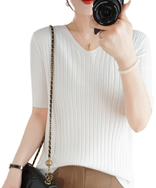 여성용 브이넥 니트 반팔 티셔츠 니트 골지 스웨터 티셔츠 데일리 이너티 뉴타임즈F240301