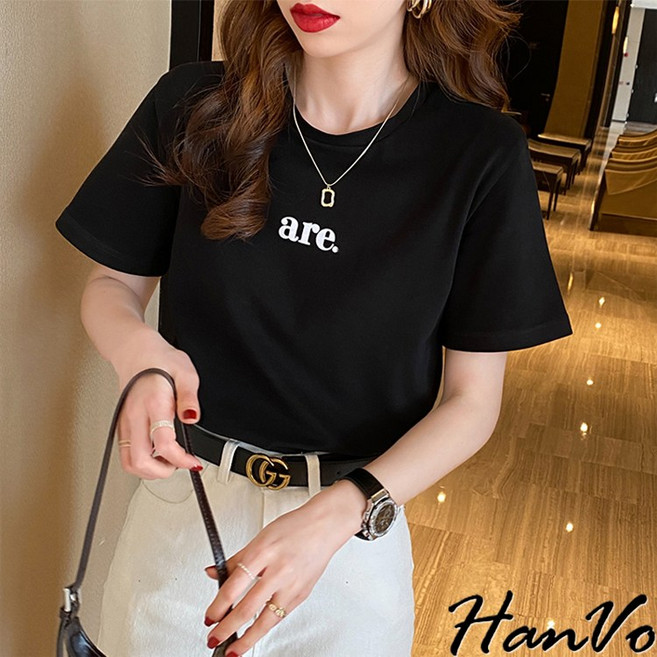 HanVo 韓系簡約字母印花短T 百搭透氣親膚舒適顯瘦圓領日常 女生衣著 A01-1473