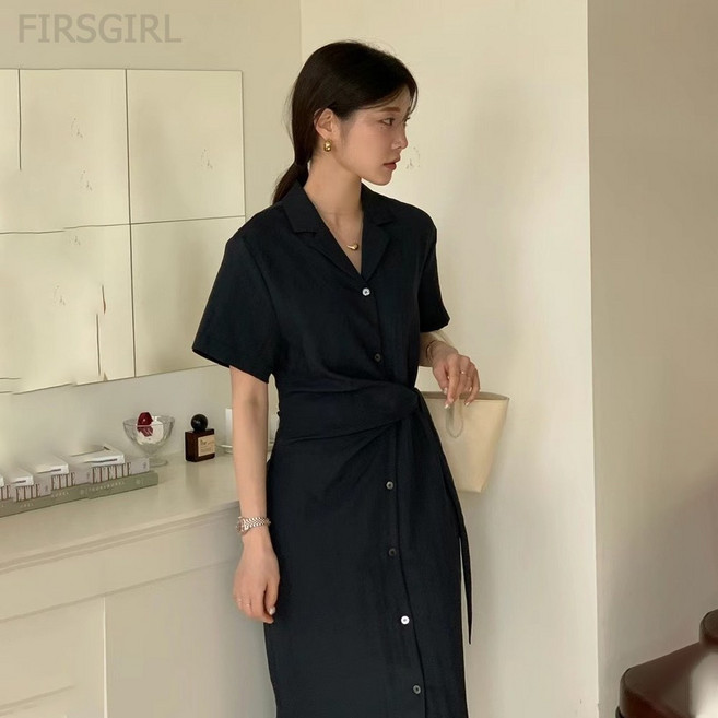 FIRSGIRL 여성 셔츠 롱 원피스 반팔 허리벨트 A라인 여름 체형커버 데일리