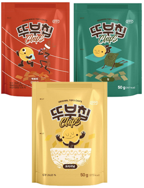 뚜부칩 오리지널+떡볶이맛+김맛_ 국산밀 국산두부를 사용한 건강 두부과자 어른 간식 오븐에 구운 온가족 간식 주전부리, 1세트, 150g