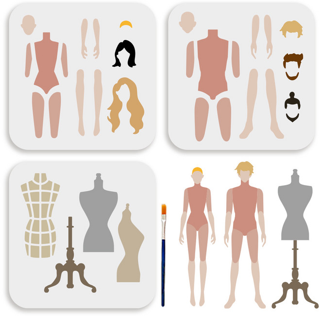 PET 스텐실 템플릿 세트 다양한 패턴 디자인 셀프 앨범 사진 벽화 드로잉 150x150mm 붓 포함, 사람