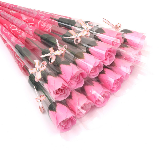 한송이 리본장미꽃 조화 비누꽃, 12개, 리본타입 핑크