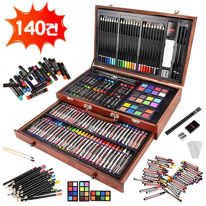 시스슈 140건 우드박스 색연필 크레파스 종합미술도구세트 수채화 세트, 1세트, 1세트