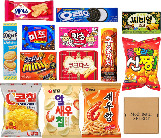 MBS 과자 콘칩 알새우칩 새우깡 칸쵸 미쯔 신짱 웨하스 초코칩쿠키 쿠크다스 구운감자 씨리얼초코 오레오 다이제샌드, 1세트, 과자세트