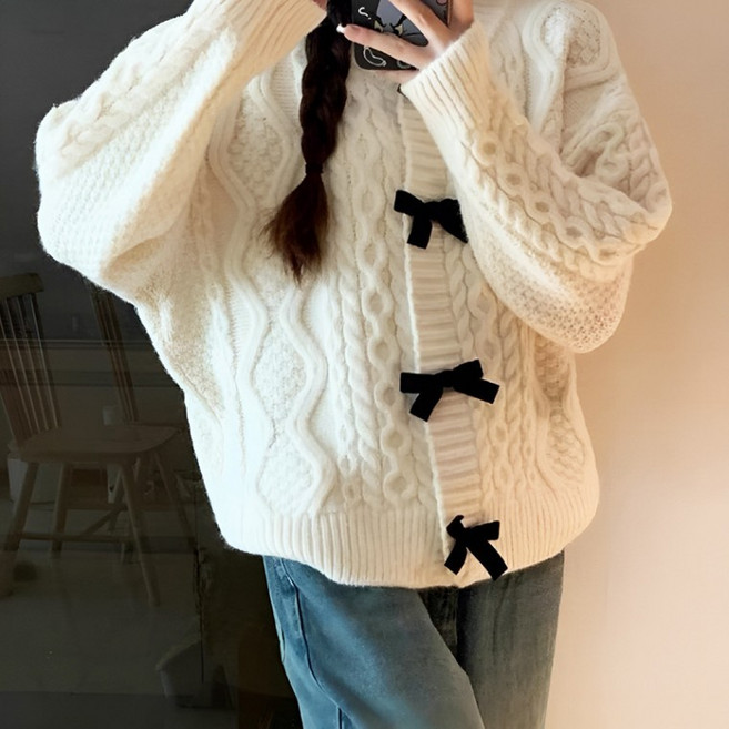 꽈배기 여성 니트 가디건 리본 포인트 여성 스웨터 의류