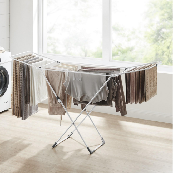 SONGMICS 튼튼한 이동식 실내외 겸용 다기능 스틸 접이식 빨래건조대, 화이트