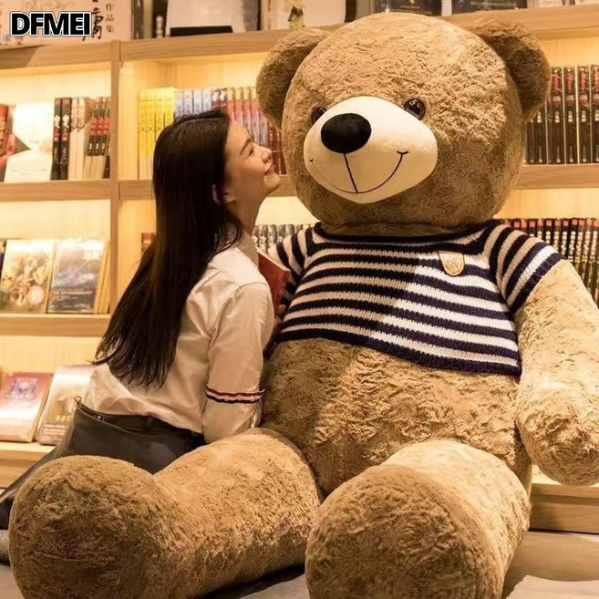 DFMEI 超大號泰迪熊公仔毛絨玩具布娃娃睡覺抱枕牀上熊貓玩偶抱抱熊女生, 玫瑰熊卡其色(藍白條紋)