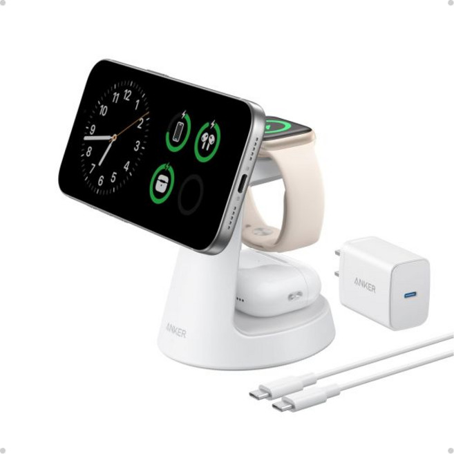 Anker MagSafe 충전기 호환 MagGo 3-in-1 충전 스테이션 나노 스탠드 Qi2 인증 15W 마그네틱 무선 도크 iPhone 17/16/15/14 App, White