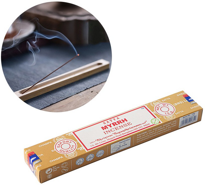 사티아 나그참파 인센스 스틱 15g 미르 + 우드 인센스 홀더, 15g 1개, 우드 (뱀부 플레인 홀더), Myrrh