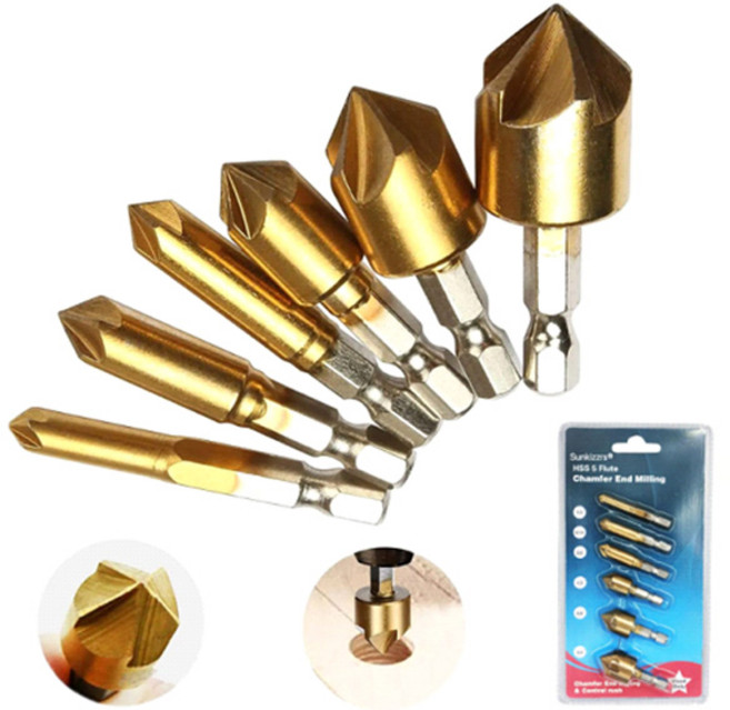 접시머리 나사 홈파기 모따기 드릴비트 티타늄 육각트리머 카운터싱크 6P, 단품