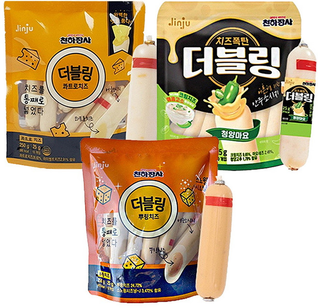 진주햄 천하장사 더블링 소시지 250g 청양마요 + 뿌링치즈 + 콰트로치즈 / 간식 소시지, 750g, 1세트