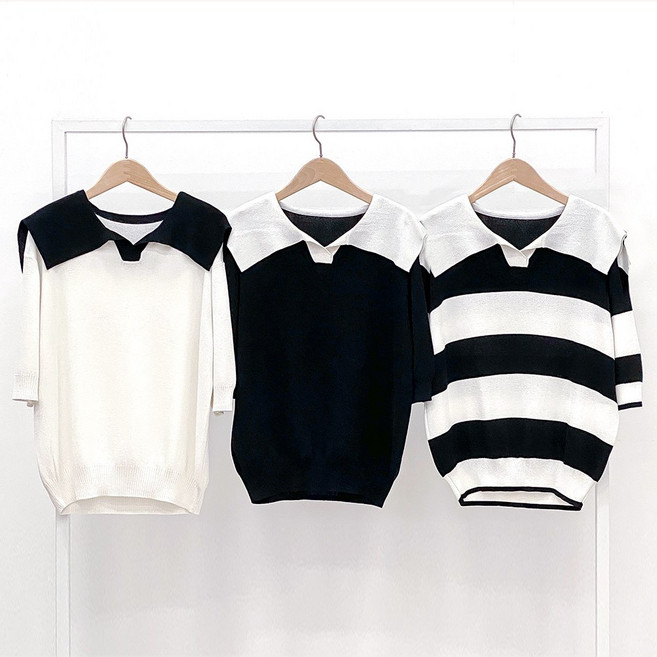 니트코어 여름 데일리 빅사이즈 루즈핏 세일러 단가라 배색 카라 5부 니트 니트티 티셔츠 반팔티